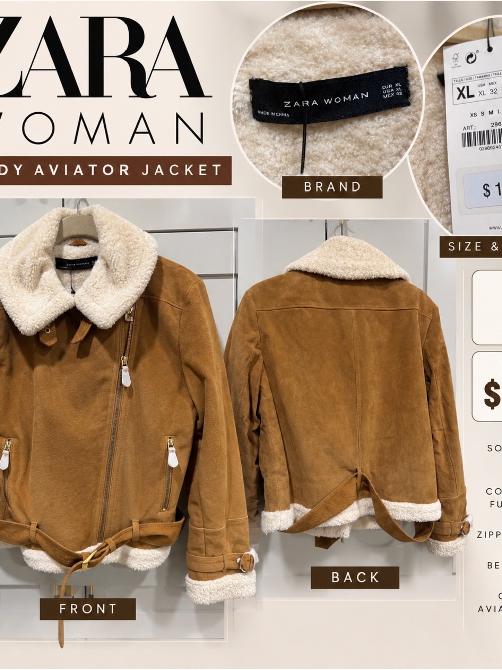 Zara Brown Suede-Look Shearling Bomber Jacket